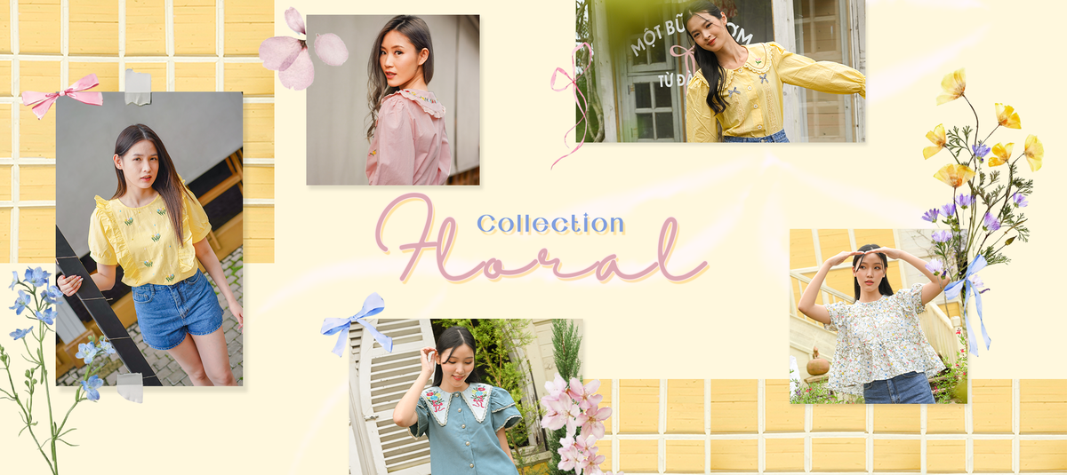 Banner berisi foto lima wanita memakai tops warna warni dengan motif bunga