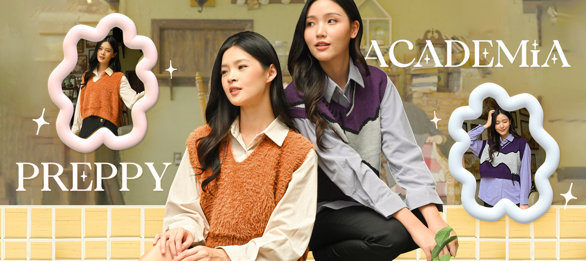 Banner bergambar dua wanita mengenakan tops dan knit vest bertema preppy