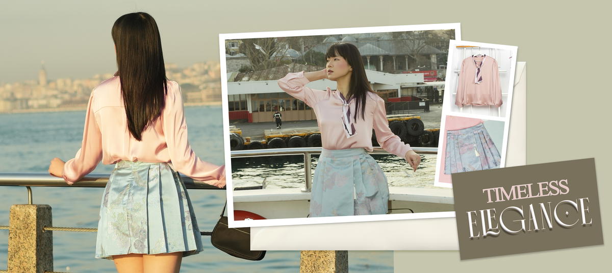 Banner berisi wanita memakai tops dan rok mini bertema elegant