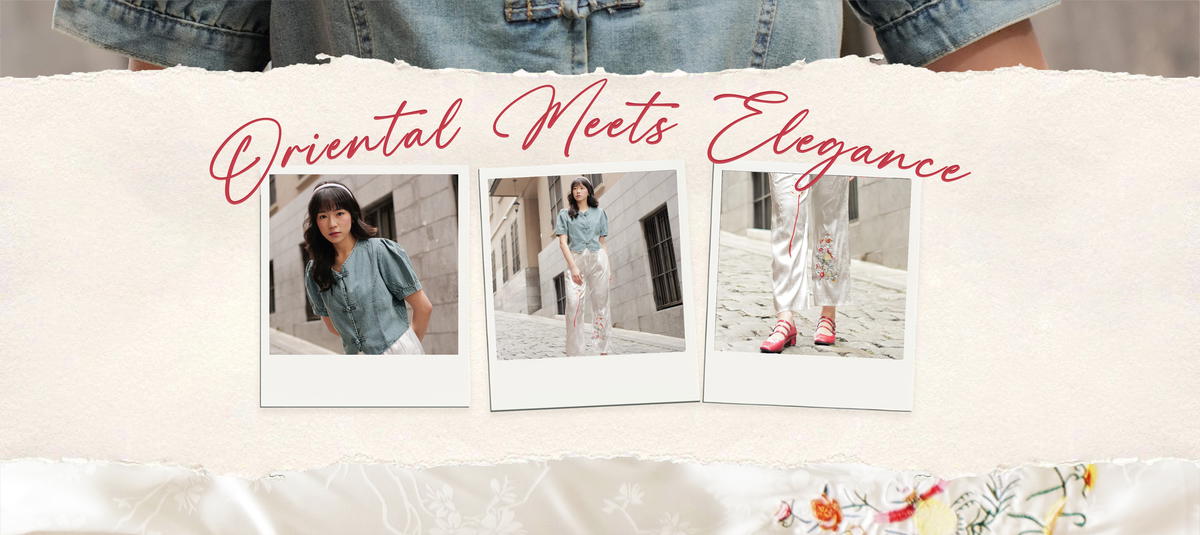 Banner berisi foto wanita memakai tops dan celana bernuansa oriental